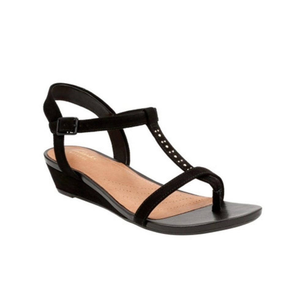 Clarks Parram Blanc Black Suede Strappy Wedge Heel Sandals Size 8.5 NWT